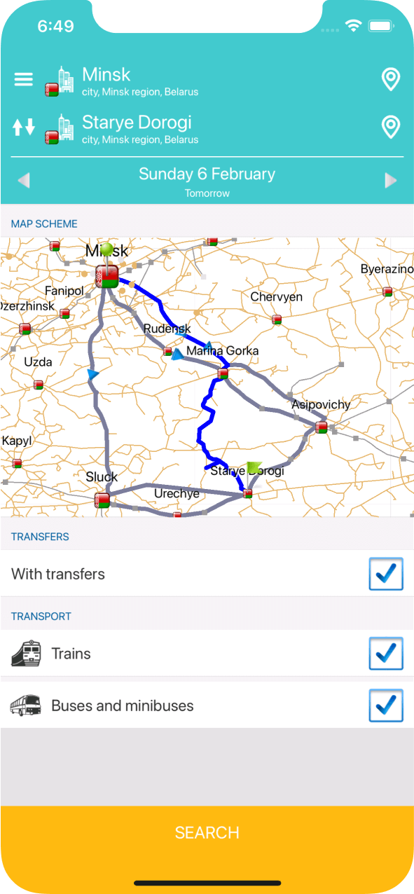 A screen with a map and several alternative routes